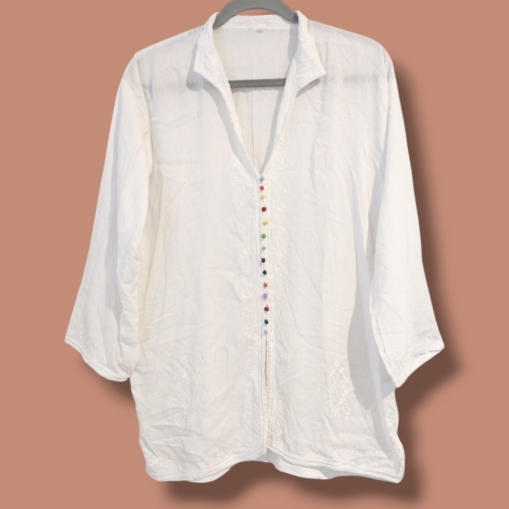 White Sheer Silky Embroidered Rainbow Pom Pom Buttoned V-Neck Tunic Blouse